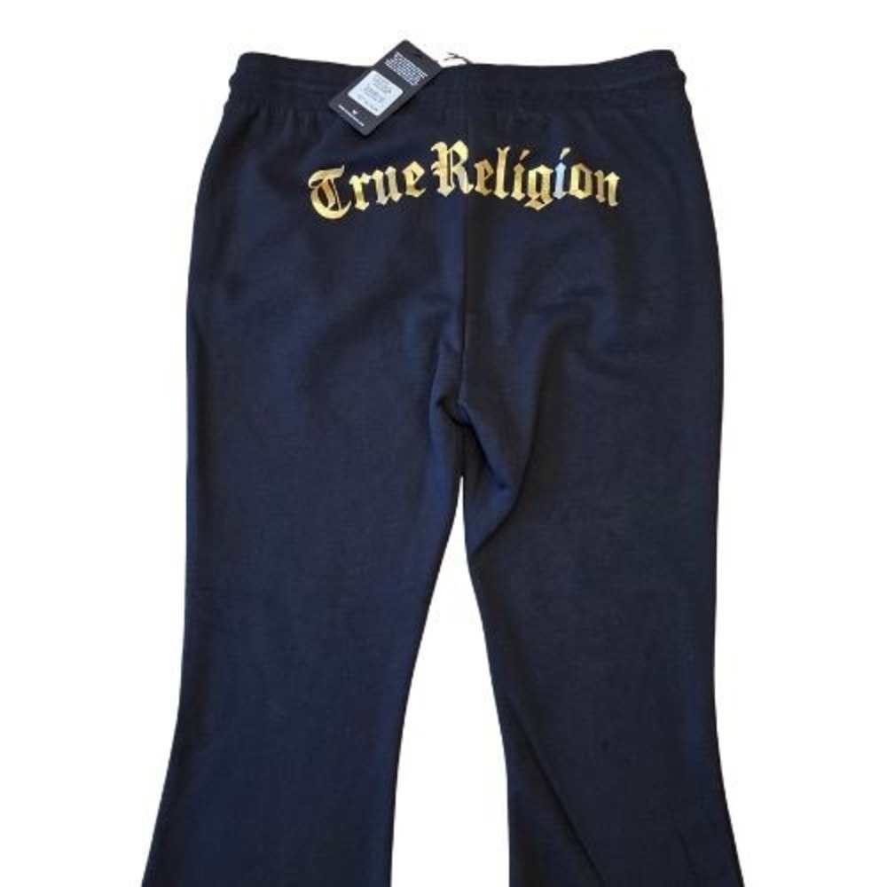 NWT True Religion Black Gold Gothic Logo Flare Sweatpant Y2K Bell Bottom Joggers - Picture 2 of 13